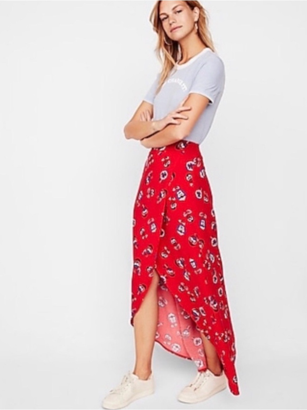 Express red floral wrap maxi skirt
